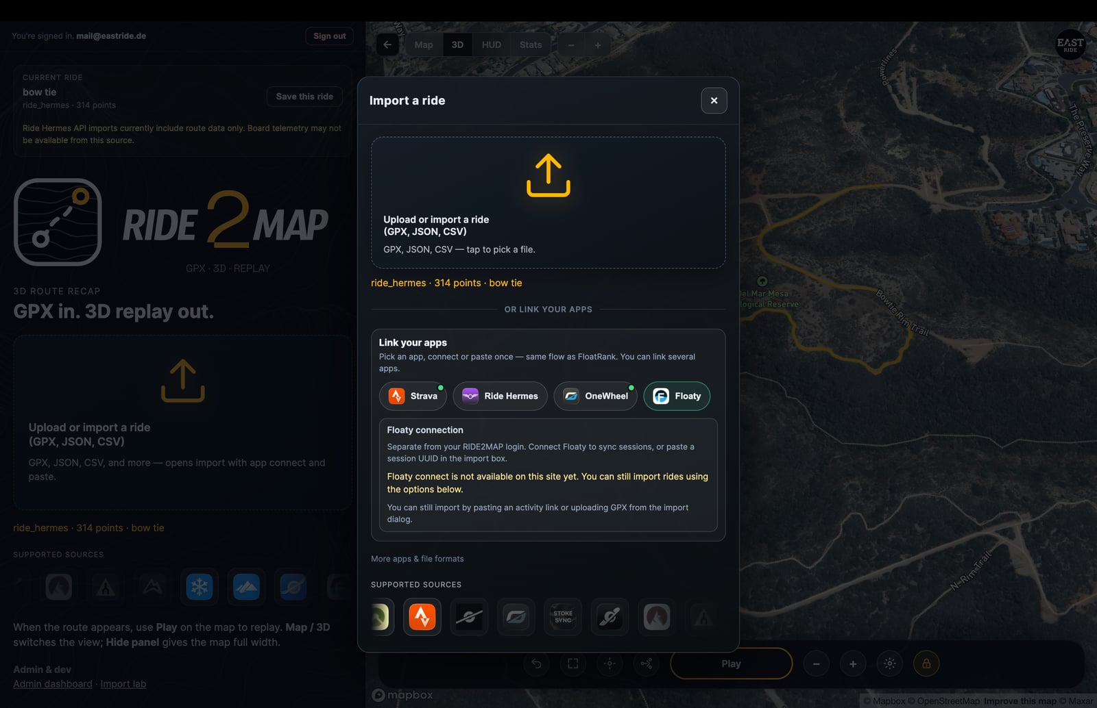 Ride2Map import panel with Floaty session paste and file upload
