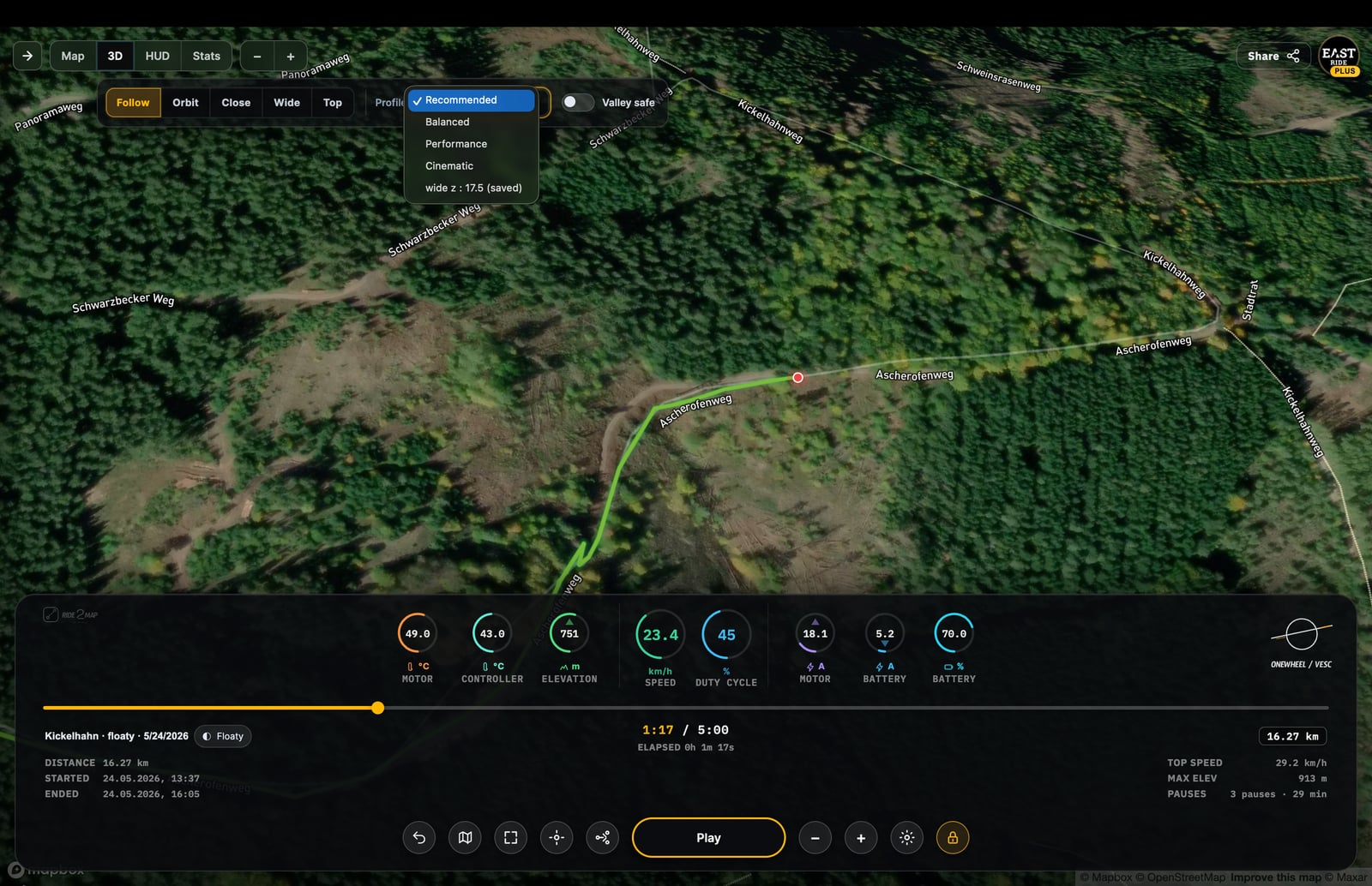 Ride2Map 3D replay mode with route line on satellite terrain and map controls