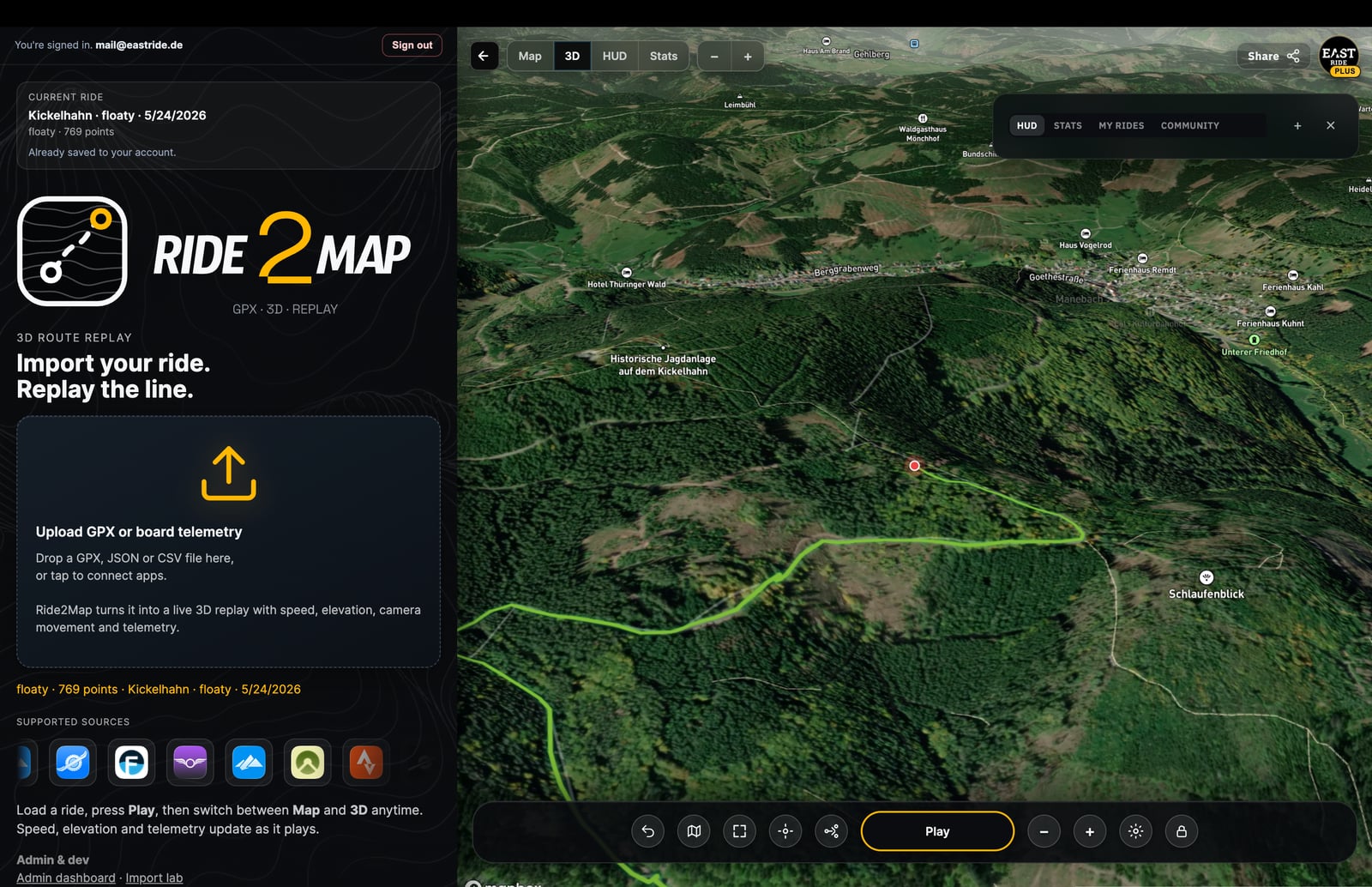 Ride2Map import panel with supported sources and ride upload