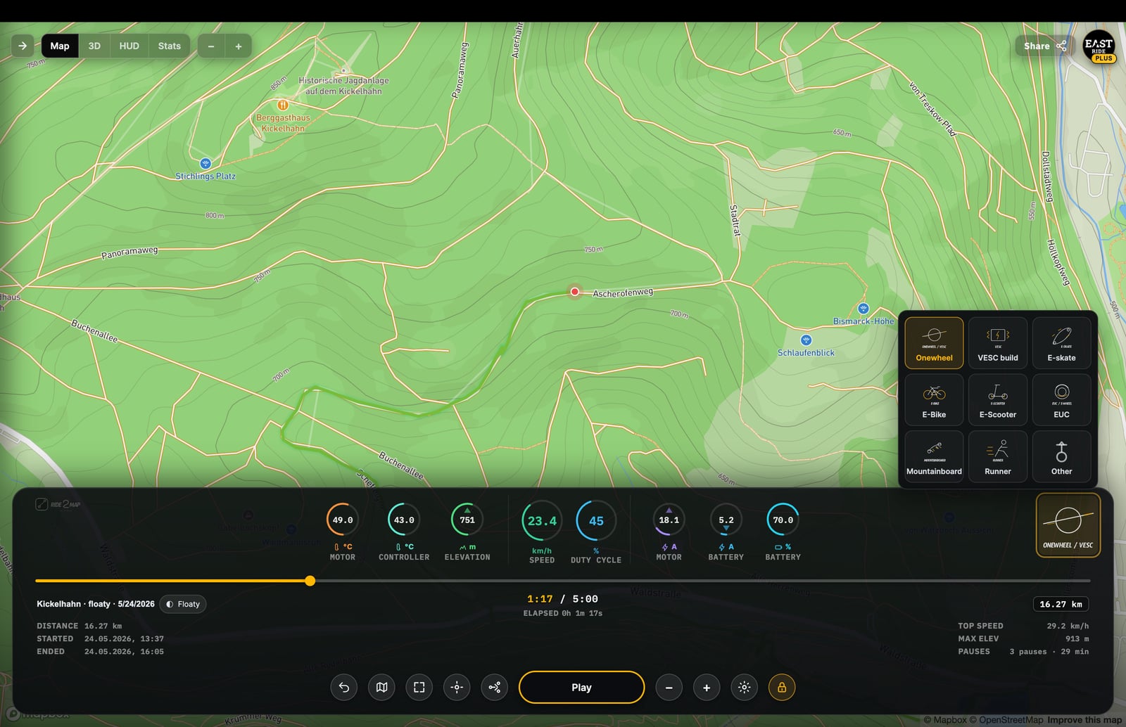 Ride2Map replay playbar with scrubber, play controls and camera presets