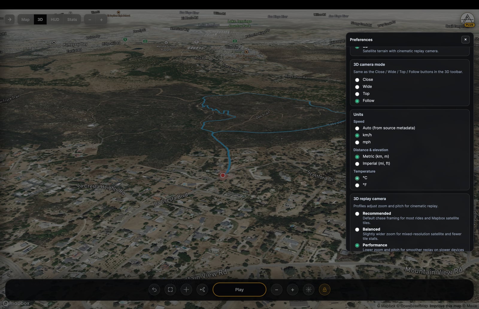 Ride2Map preferences panel for units, map style and replay defaults