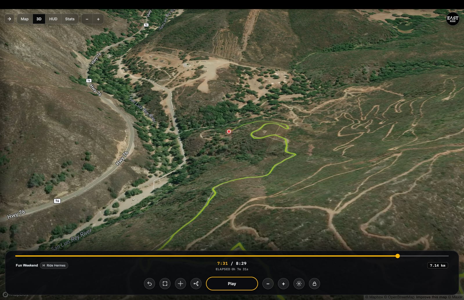 Ride2Map live 3D replay on a satellite map with route line, camera follow and telemetry HUD